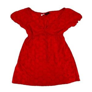 La Blanca Red Eyelet V-Neck Puff Sleeve Mini Dress Size Large Women’s